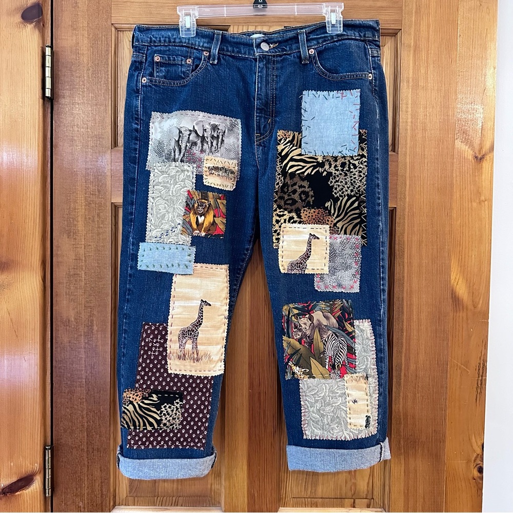 Levi’s 505 strght leg 14 S patchwork, hand, stitched jeans, safari jungle design